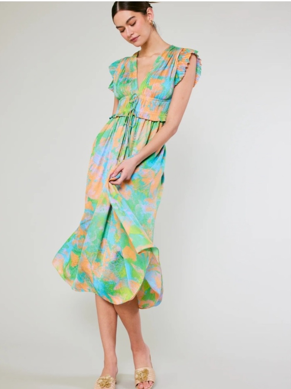 Current Air Islamorada Multicolor Pleated V-Neck Midi Dress